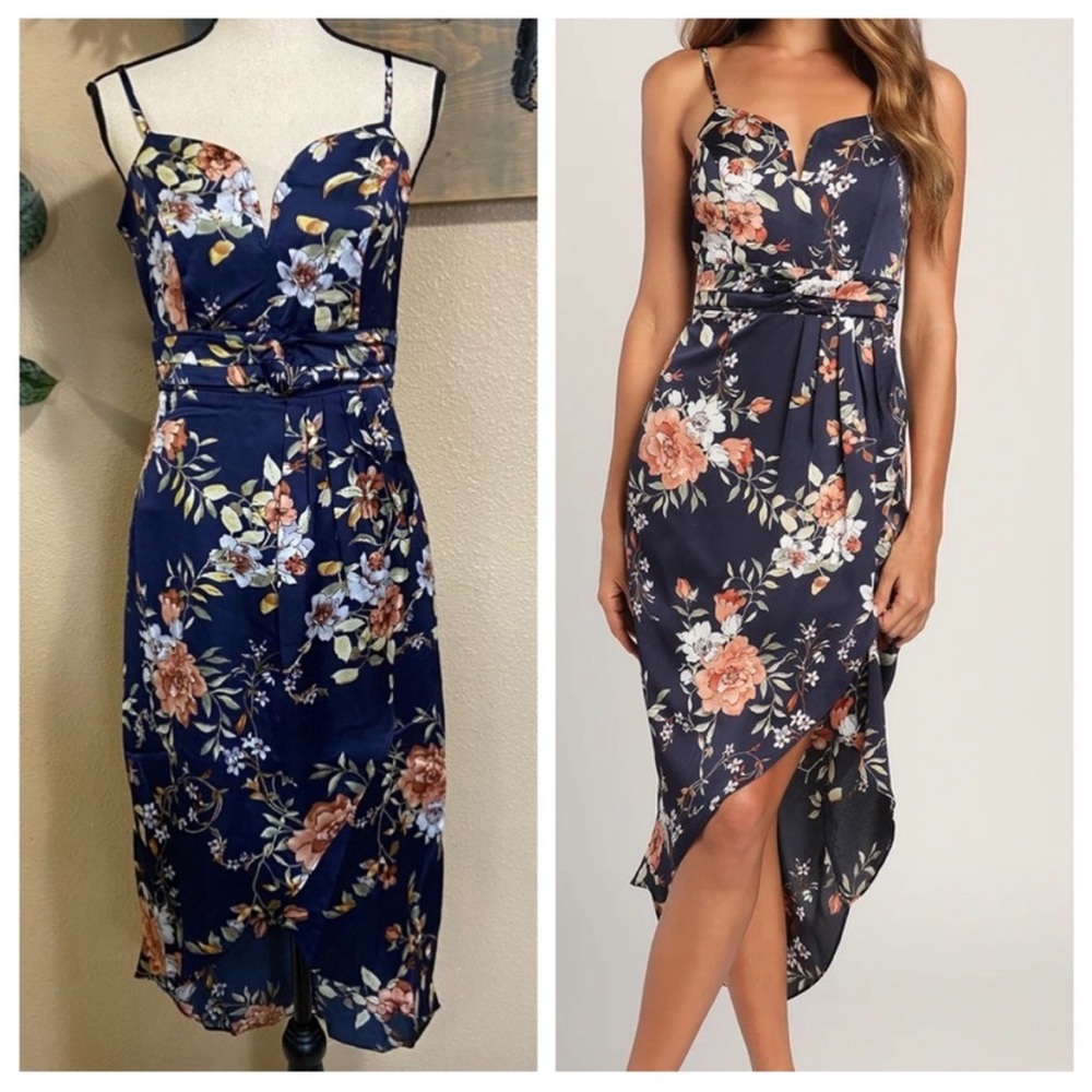 Lulus My Favorite Day Navy Blue Floral Print Tulip Skirt Midi Dress